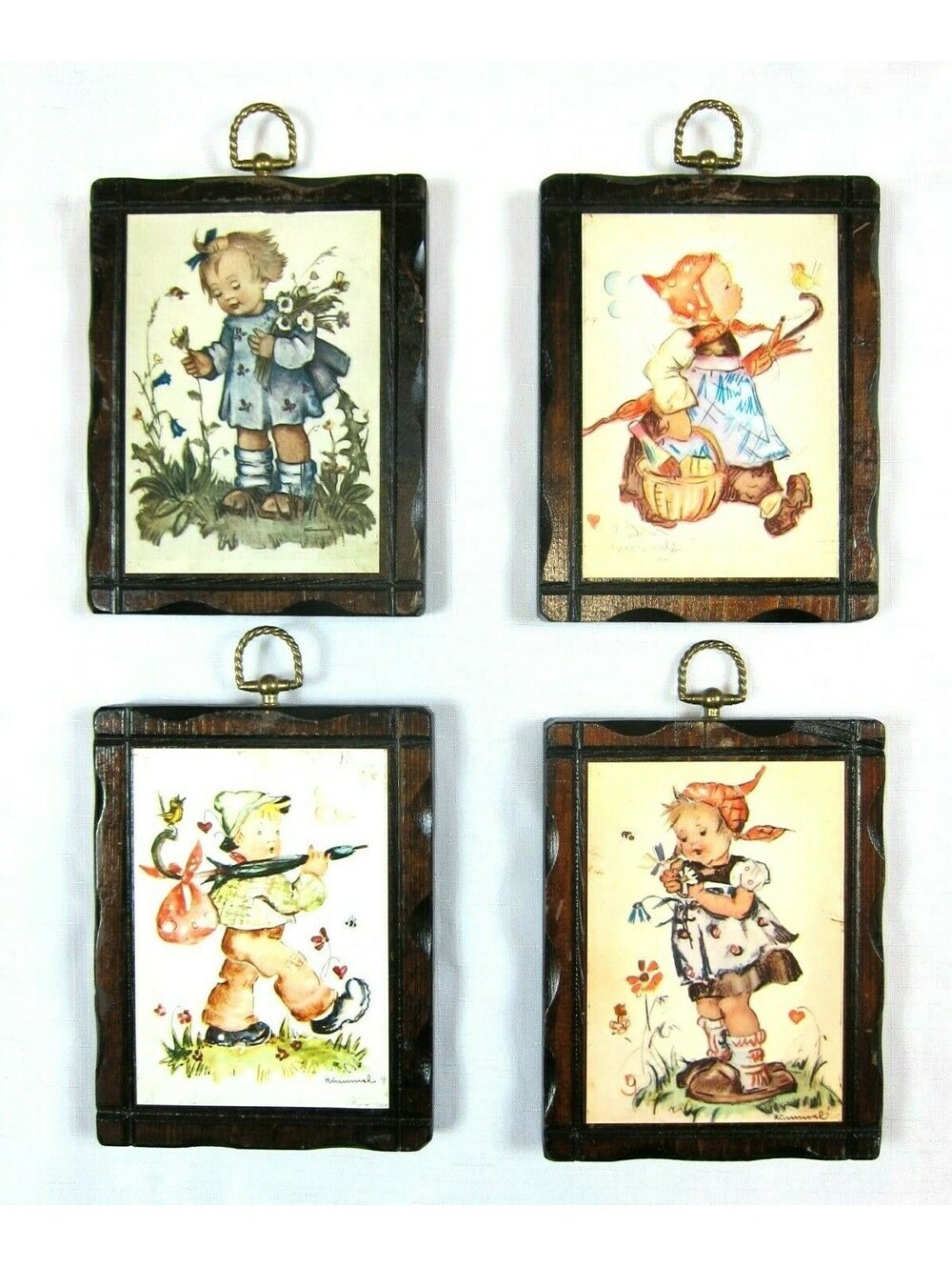 Lot of 4 Vintage Hummel Wood Wall Plaques Unique Handcrafted Pine Wood Frames